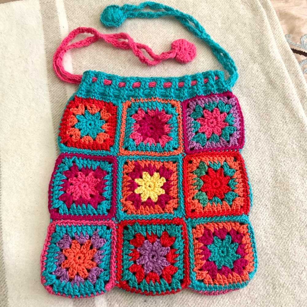 Colorful Boho hand knit Patchwork Crocheted Bag